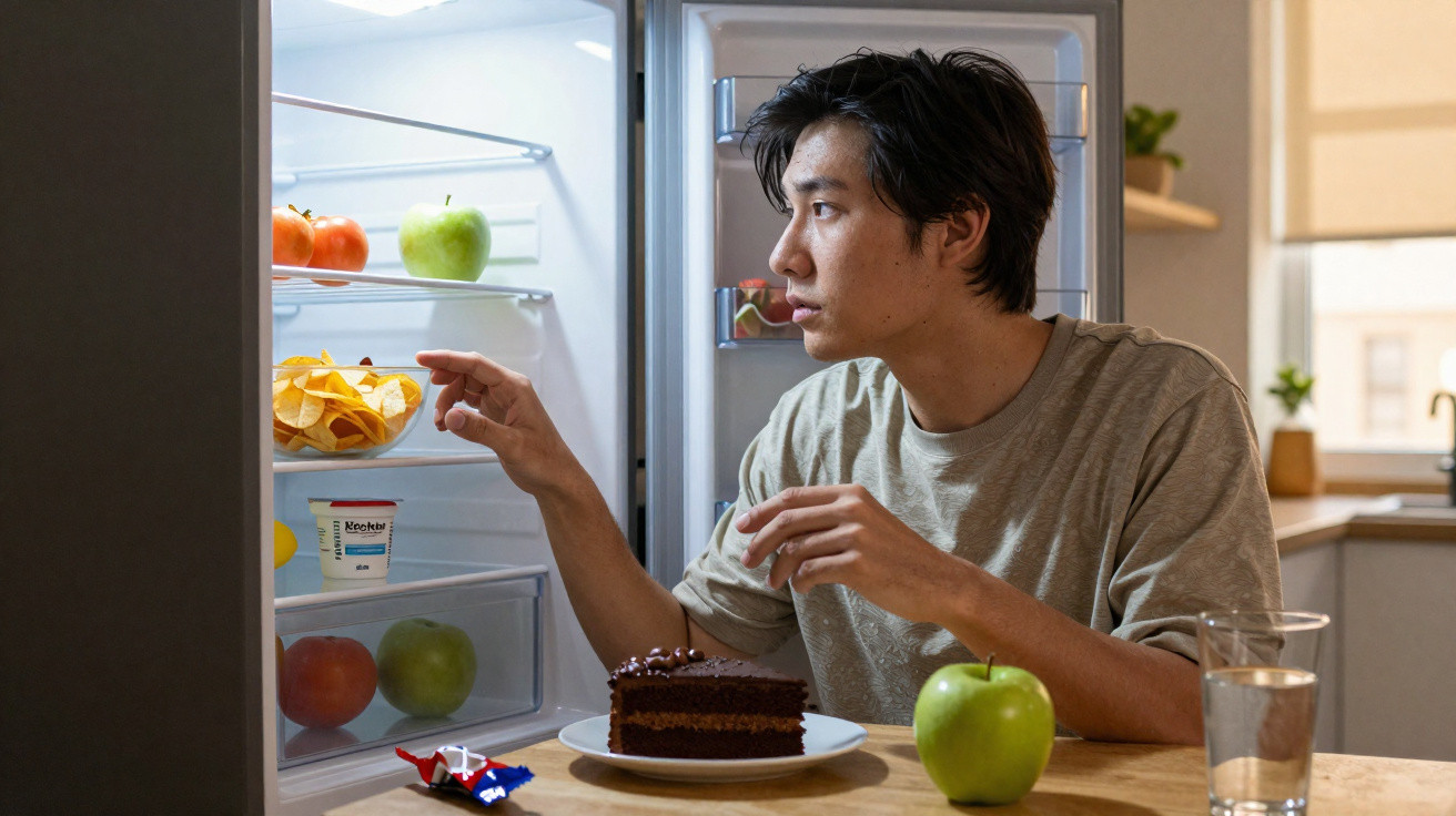 Junger Mann greift in offene Kühlschranktür nach Snacks, Kuchen und Apfel auf Tisch neben Glas Wasser.