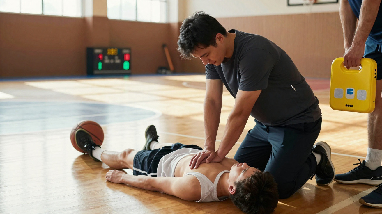 Mann leistet einem bewusstlosen Basketballspieler in Halle Erste Hilfe mit Herzdruckmassage, Defibrillator bereit.