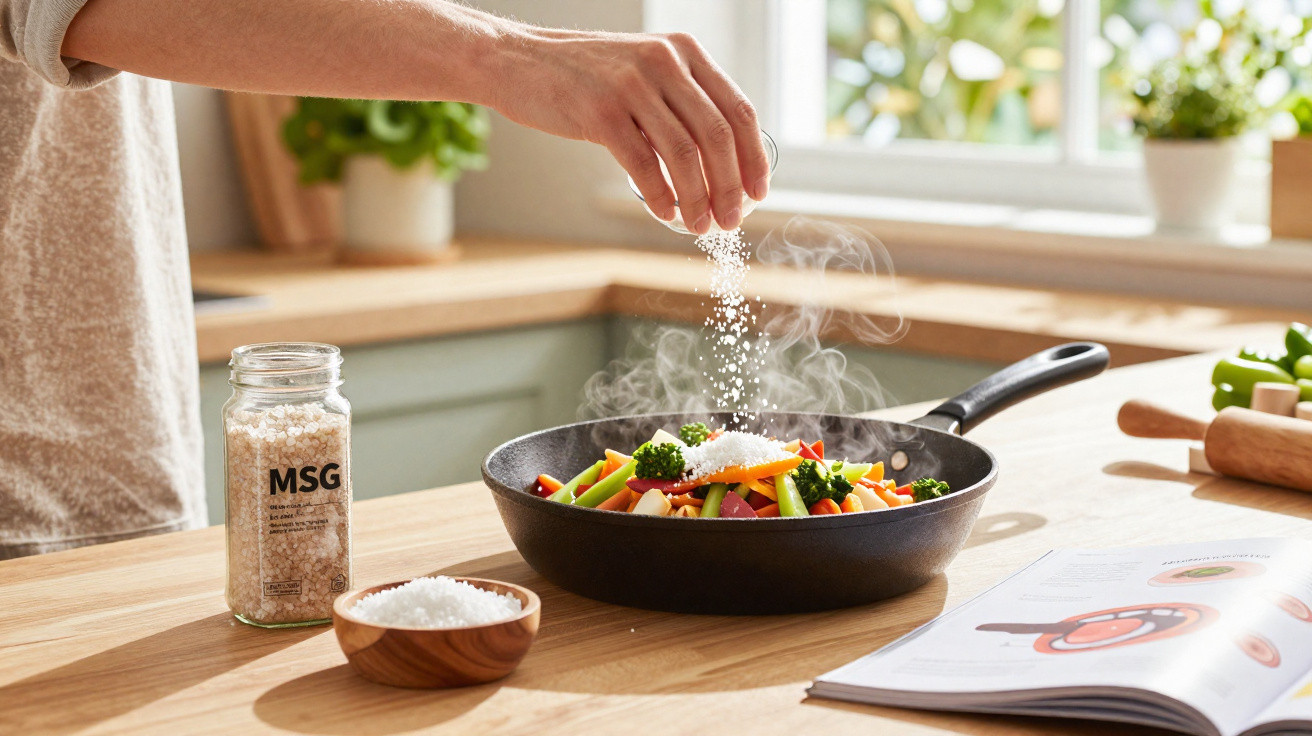 Hand streut Gewürz über dampfendes Gemüse in Pfanne in heller Küche mit Kochbuch und MSG-Glas.