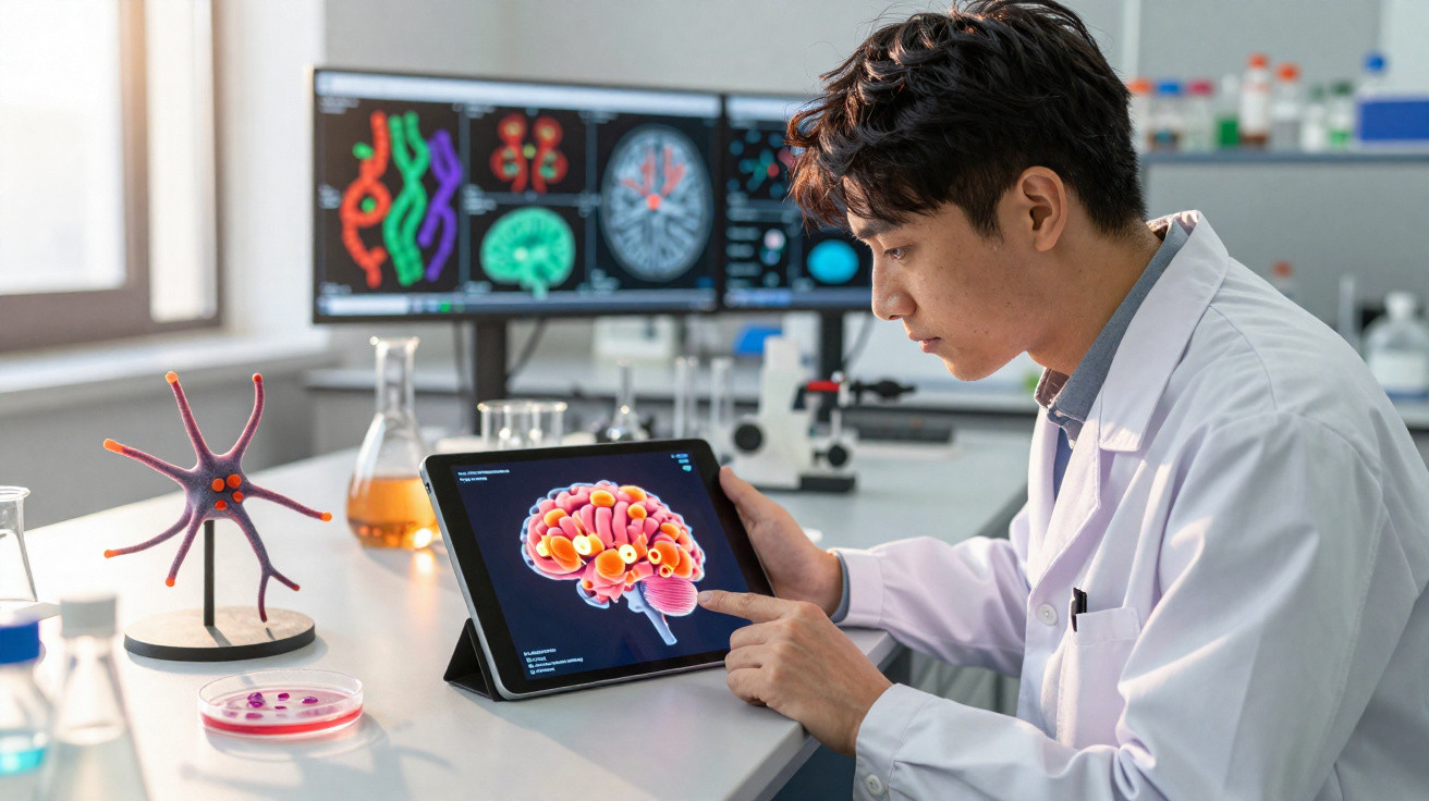 Wissenschaftler untersucht auf Tablet ein 3D-Modell des Gehirns in einem Labor für Neurowissenschaften.
