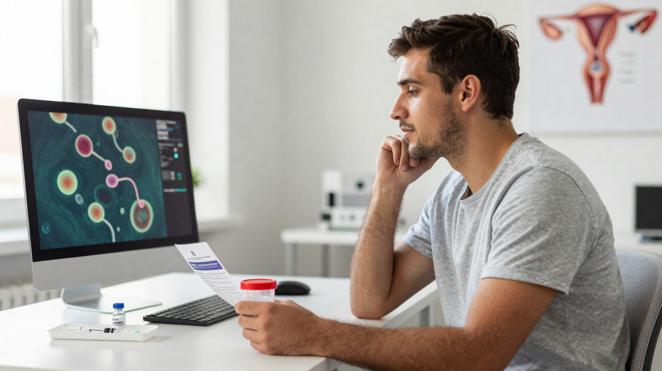Junger Mann untersucht Spermaprobenanalyse am Computer in einer medizinischen Praxis.