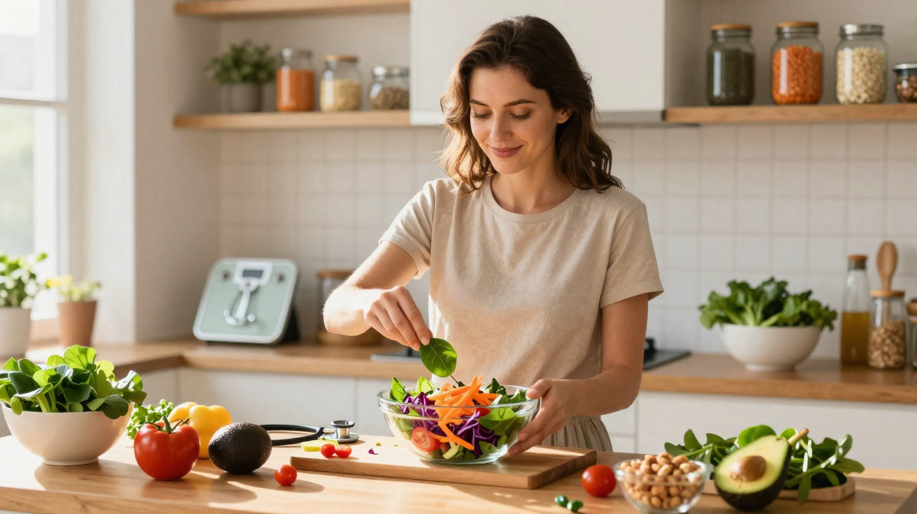 Frau bereitet in heller Küche frischen Salat mit Gemüse und Avocado zu.