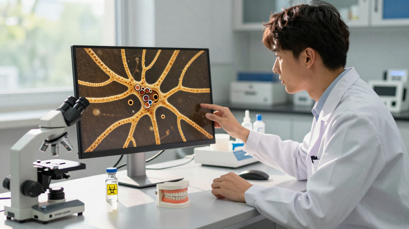 Wissenschaftler im Labor analysiert digitale Darstellung einer Nervenzelle auf Computerbildschirm.