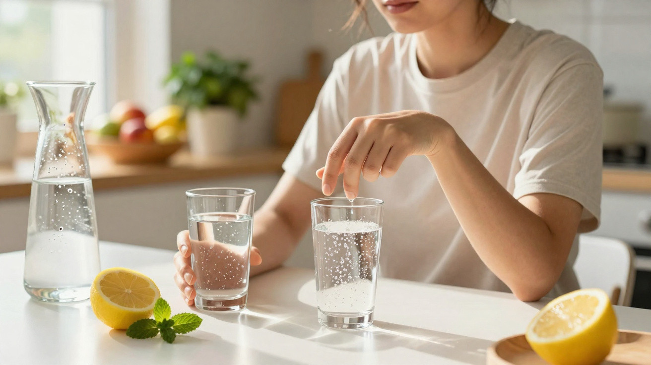 Frau gibt Brausetablette in Glas Wasser, Zitrone und Minzblätter auf weißem Küchentisch im Hintergrund.