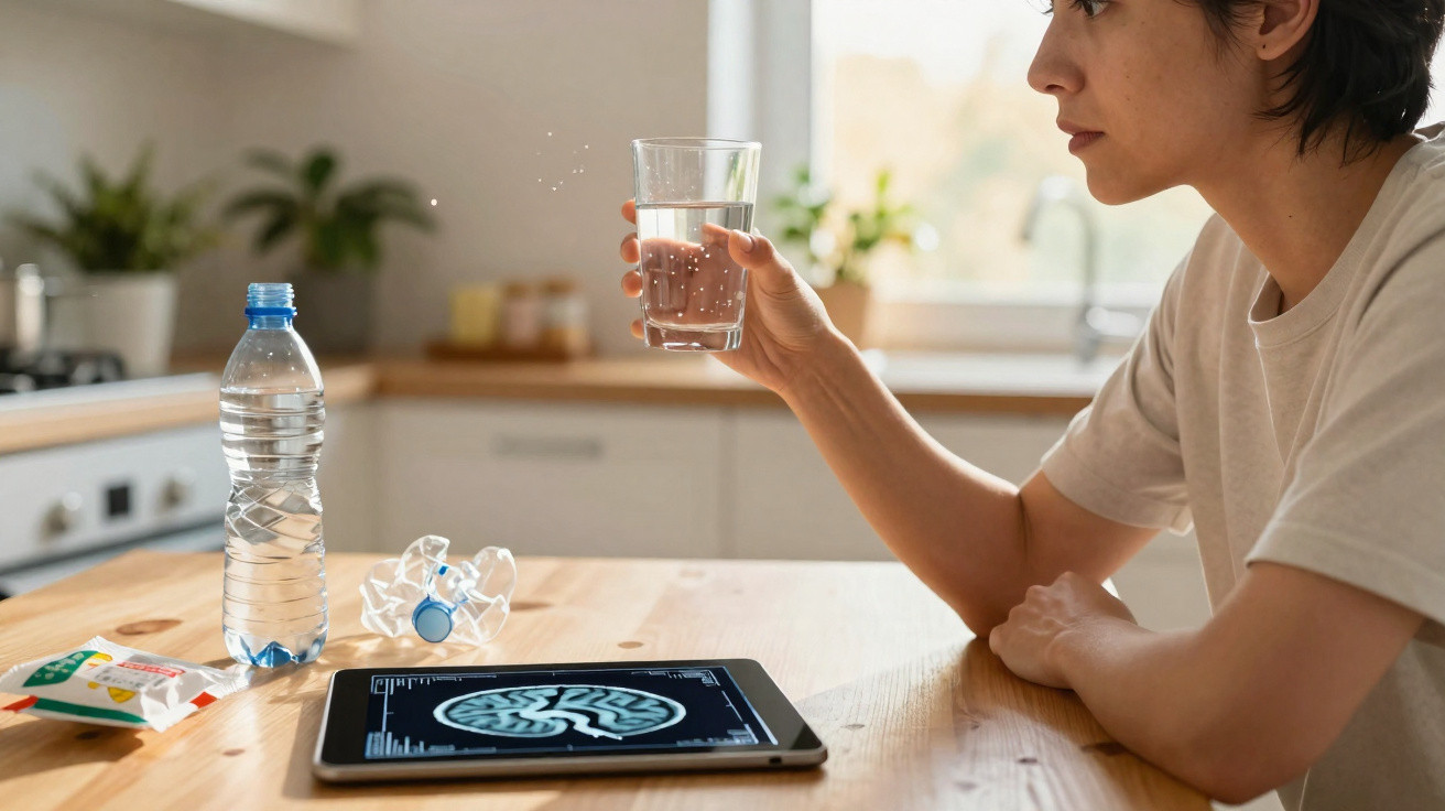 Frau in Küche trinkt Wasser, Tablet zeigt Gehirnscan, zerdrückte Plastikflasche und Verpackung auf Tisch.
