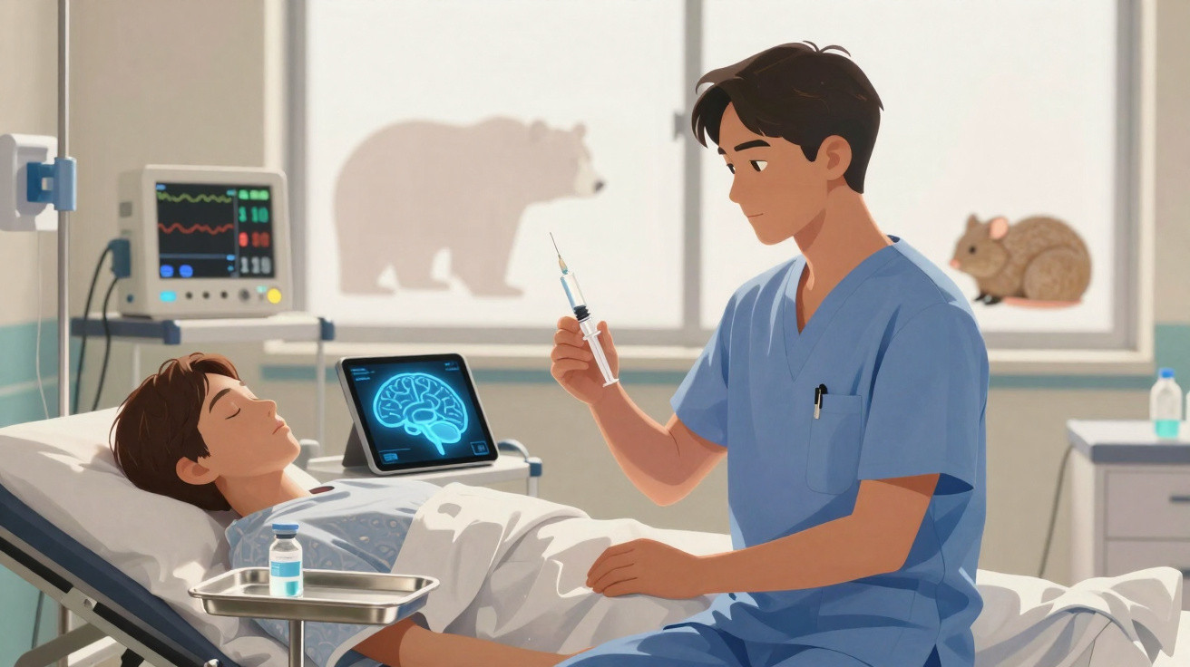 Arzt mit Spritze neben bewusstlosem Patienten im Krankenhauszimmer mit medizinischer Ausrüstung.