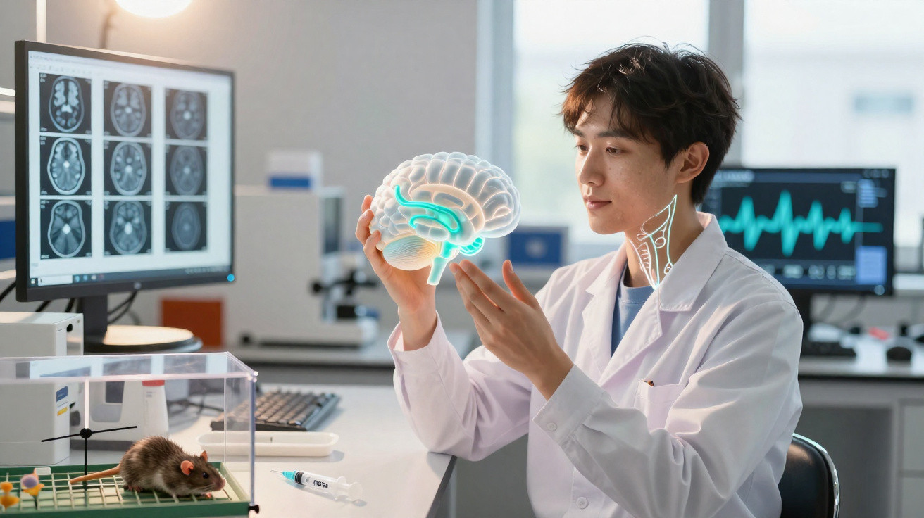 Wissenschaftler im Labor analysiert Hirnmodell mit Gehirnscans auf Monitor und lebender Maus im Käfig.