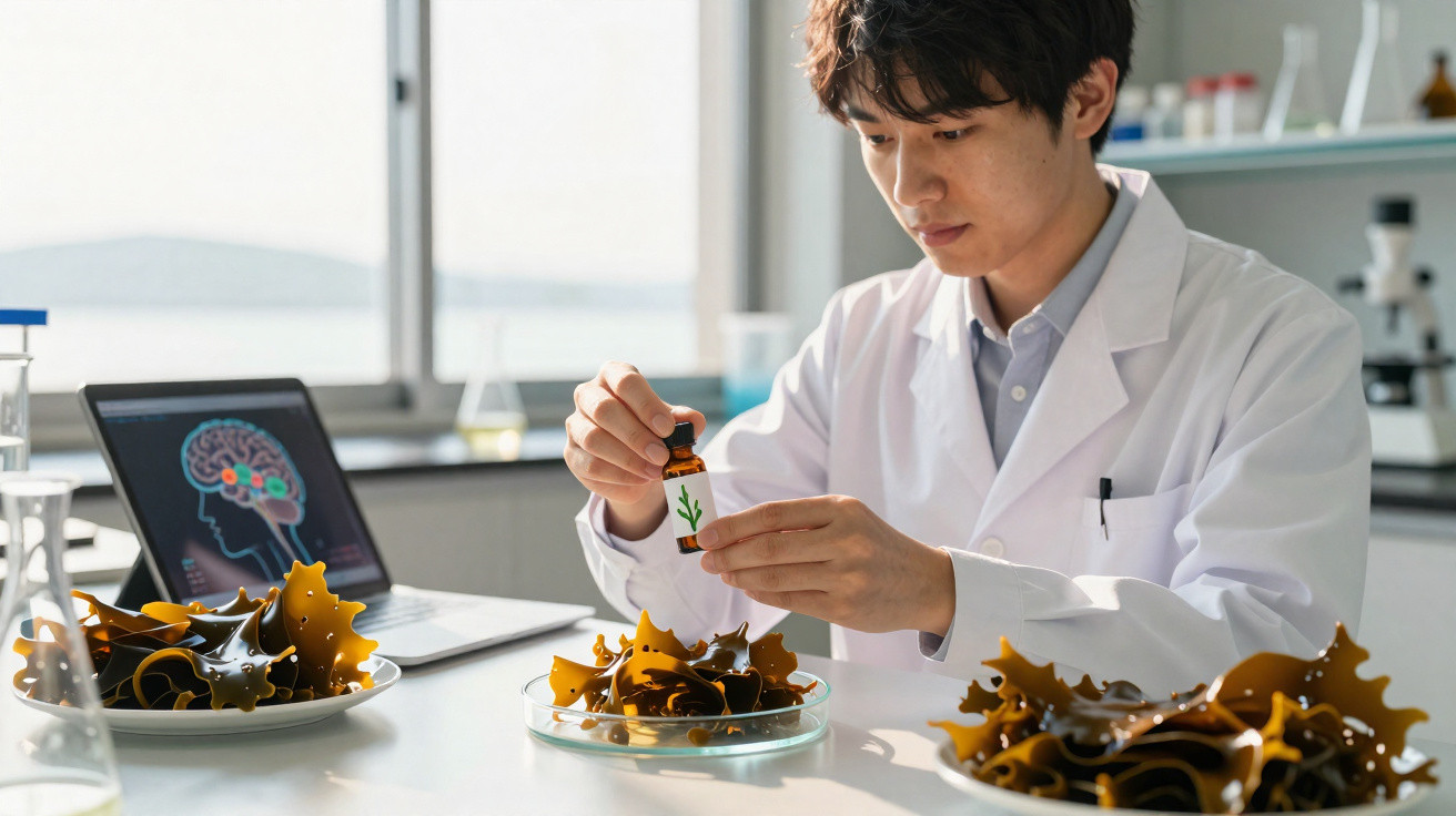Wissenschaftler im Labor untersucht Extrakt aus Meeresalgen mit Laptop und Gehirnanalyse im Hintergrund.