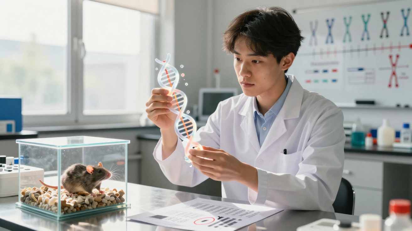 Wissenschaftler im Labor hält ein Modell der DNA-Doppelhelix neben einem Mäusestall für genetische Forschung.