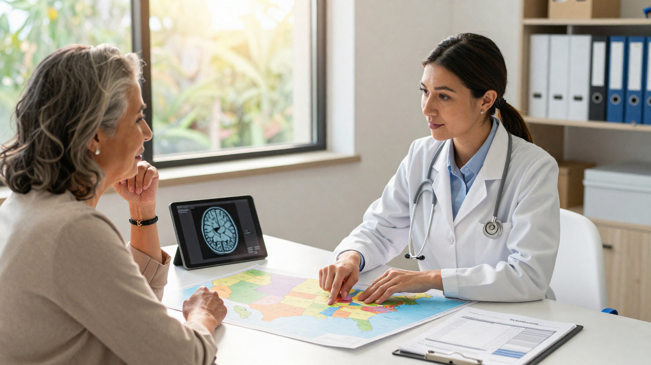 Ärztin bespricht mit älterer Patientin eine Karte der USA, Gehirnscan auf Tablet im Behandlungszimmer sichtbar.