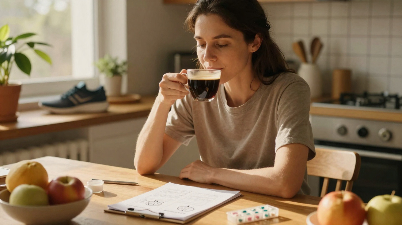 Frau trinkt Kaffee in der Küche, sitzt am Tisch mit Obst und Unterlagen vor sich.