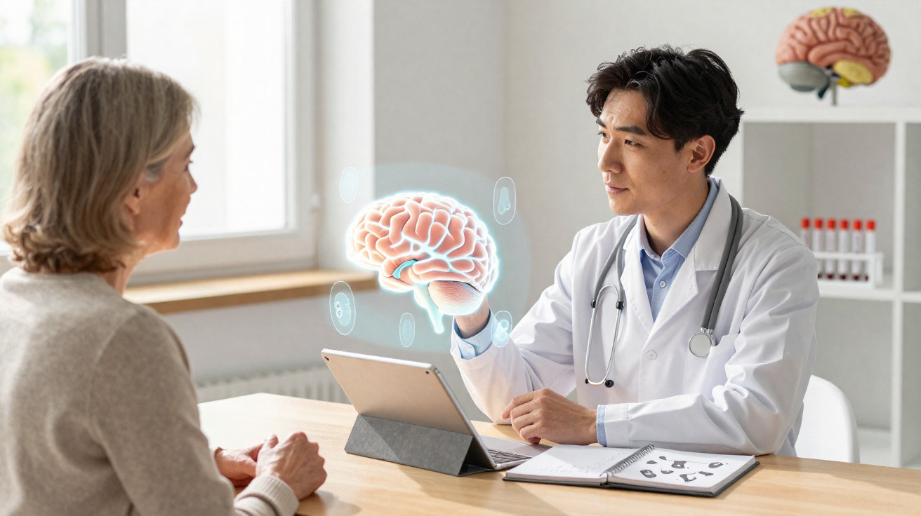 Arzt erklärt ältere Patientin mithilfe einer 3D-Hirnprojektion im Beratungsgespräch in der Praxis.