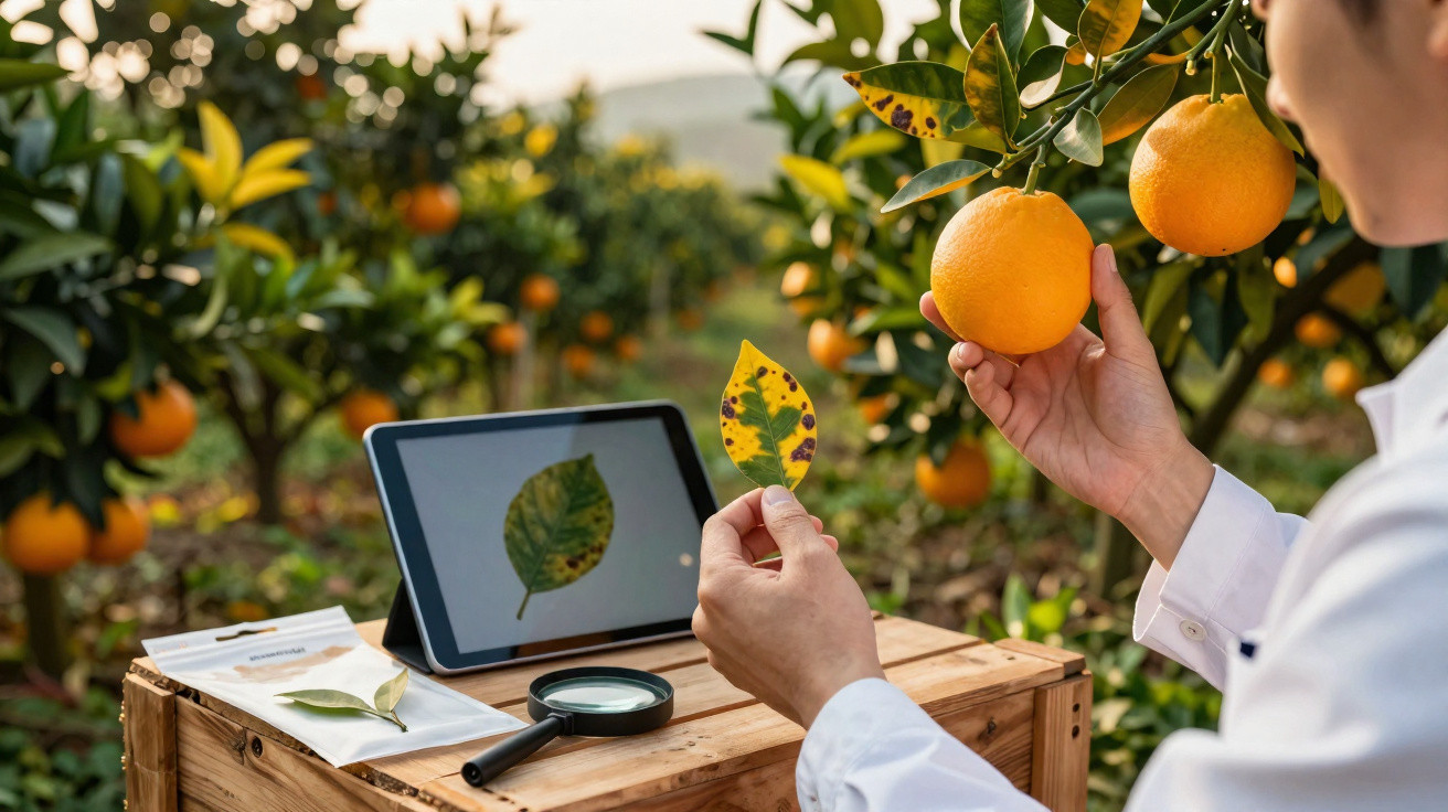 Landwirt untersucht Blatt auf Krankheiten mit Tablet und Lupe in einem Orangenhain bei Tageslicht.