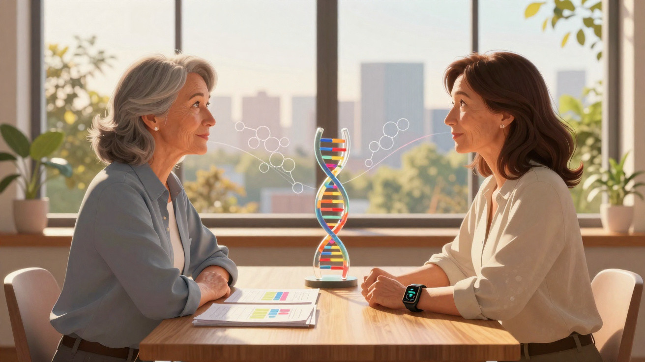 Zwei Frauen unterschiedlichen Alters sitzen sich gegenüber, zwischen ihnen schwebt ein stilisiertes DNA-Modell.