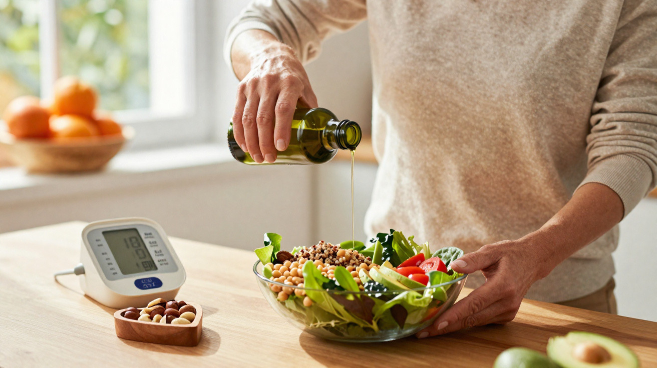 Person gießt Olivenöl über gesunden Salat mit Hülsenfrüchten in heller Küche, Blutdruckmessgerät daneben.