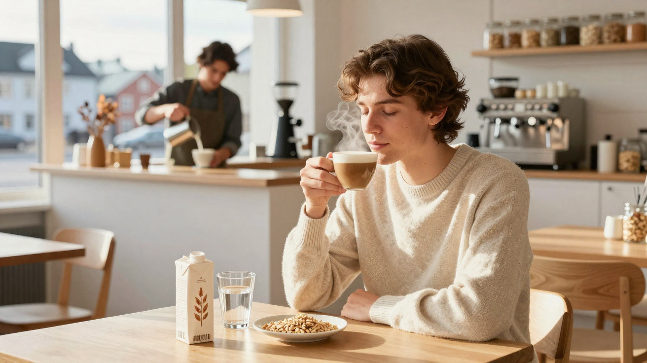 Junger Mann trinkt dampfenden Kaffee in gemütlichem Café, im Hintergrund bedient Barista die Kaffeemaschine.