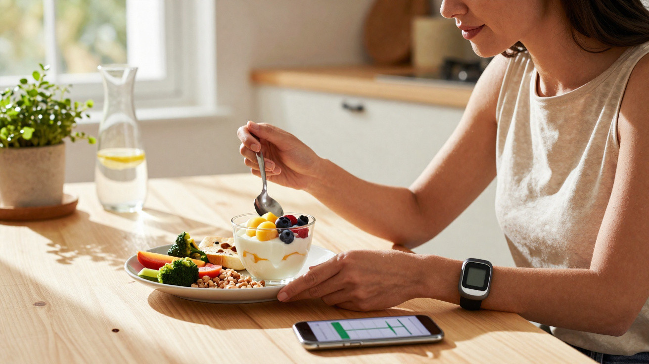Frau sitzt am Tisch und isst Joghurt mit Früchten, daneben gesunde Gemüsebeilage und Smartphone.