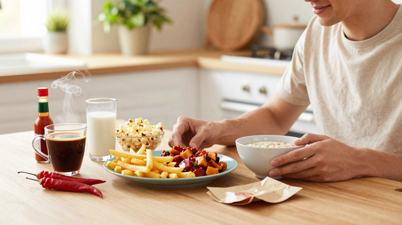 Person isst Mahlzeit mit Pommes, Popcorn, Milch und Kaffee an einem Tisch in heller Küche.