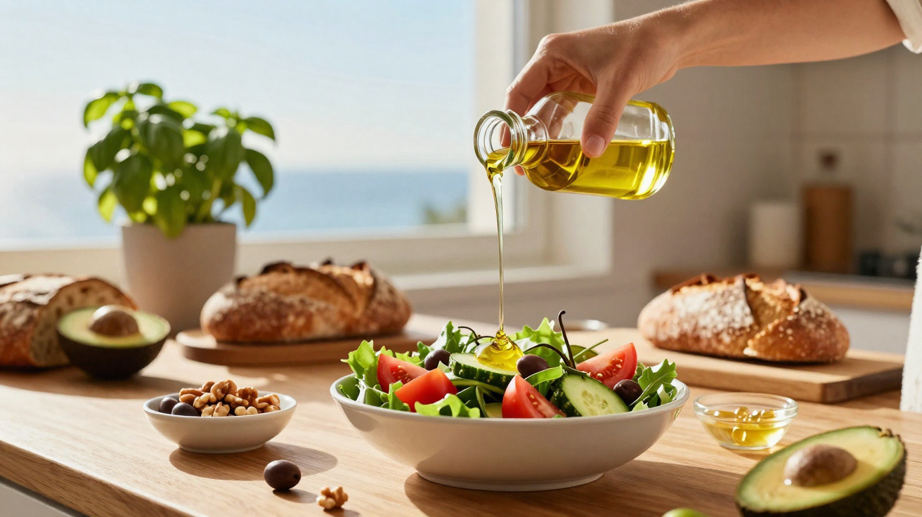 Hand gießt Olivenöl über frischen Salat mit Tomaten, Gurken und Oliven auf Holztisch neben Avocado und Brot.