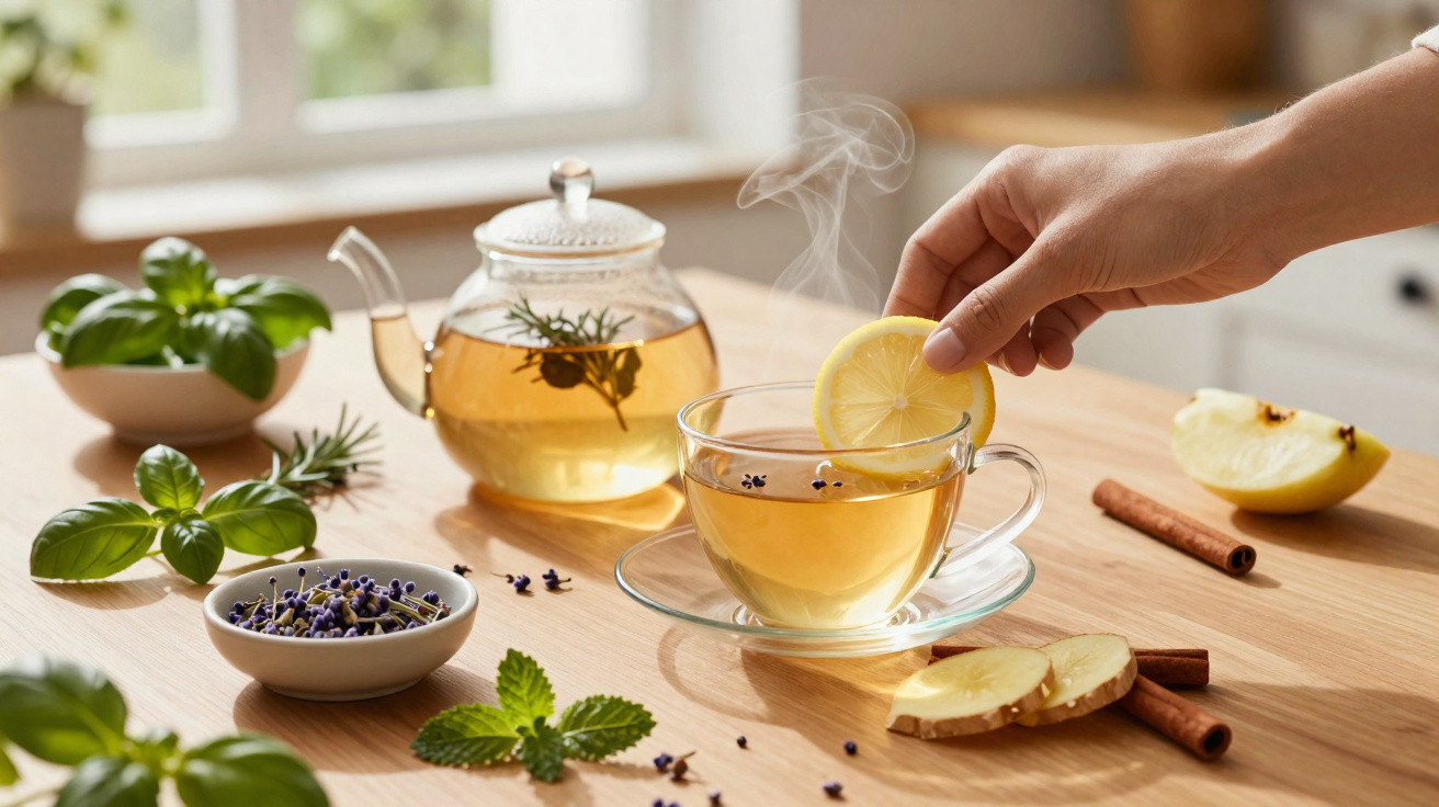 Hand legt Zitronenscheibe in dampfende Teetasse, umgeben von Kräutern und Gewürzen auf Holztisch.