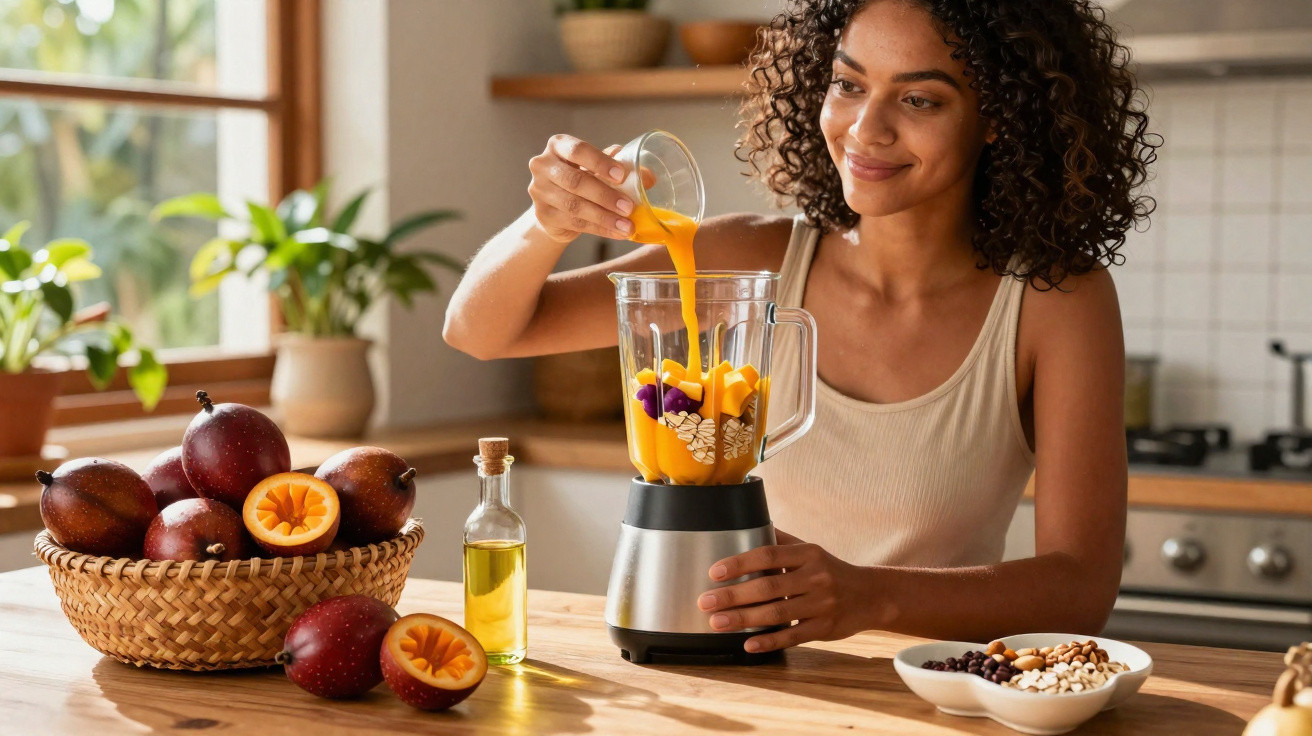 Frau bereitet in der Küche mit Passionsfrüchten und Zutaten einen Smoothie im Mixer zu.