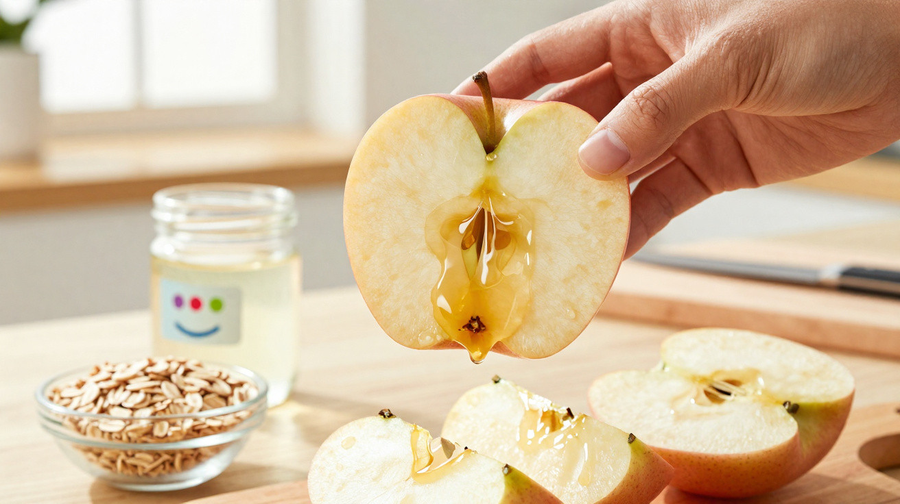 Hand hält halben Apfel mit Honig, auf Holztisch mit Apfelscheiben, Haferflocken und Honigglas im Hintergrund.