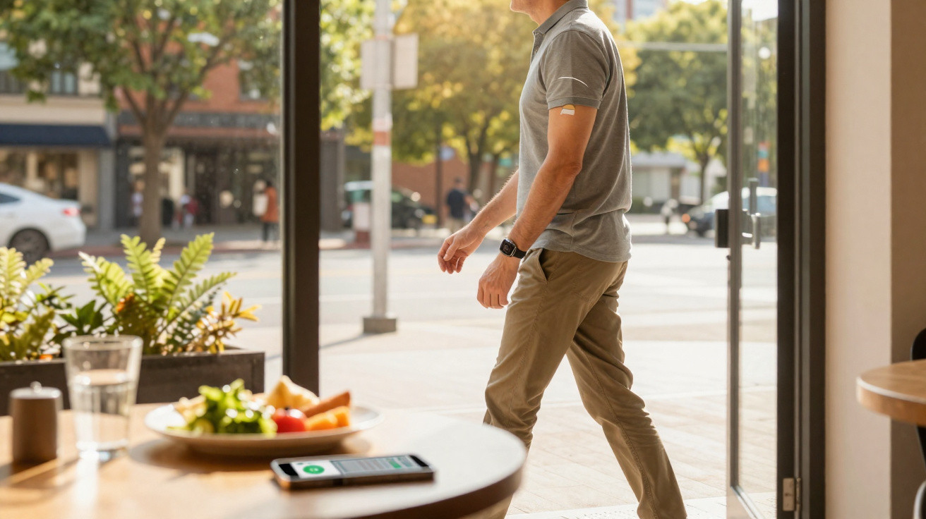 Mann mit Pflaster am Oberarm verlässt Café an sonnigem Tag, im Vordergrund Salat und Smartphone auf Tisch.