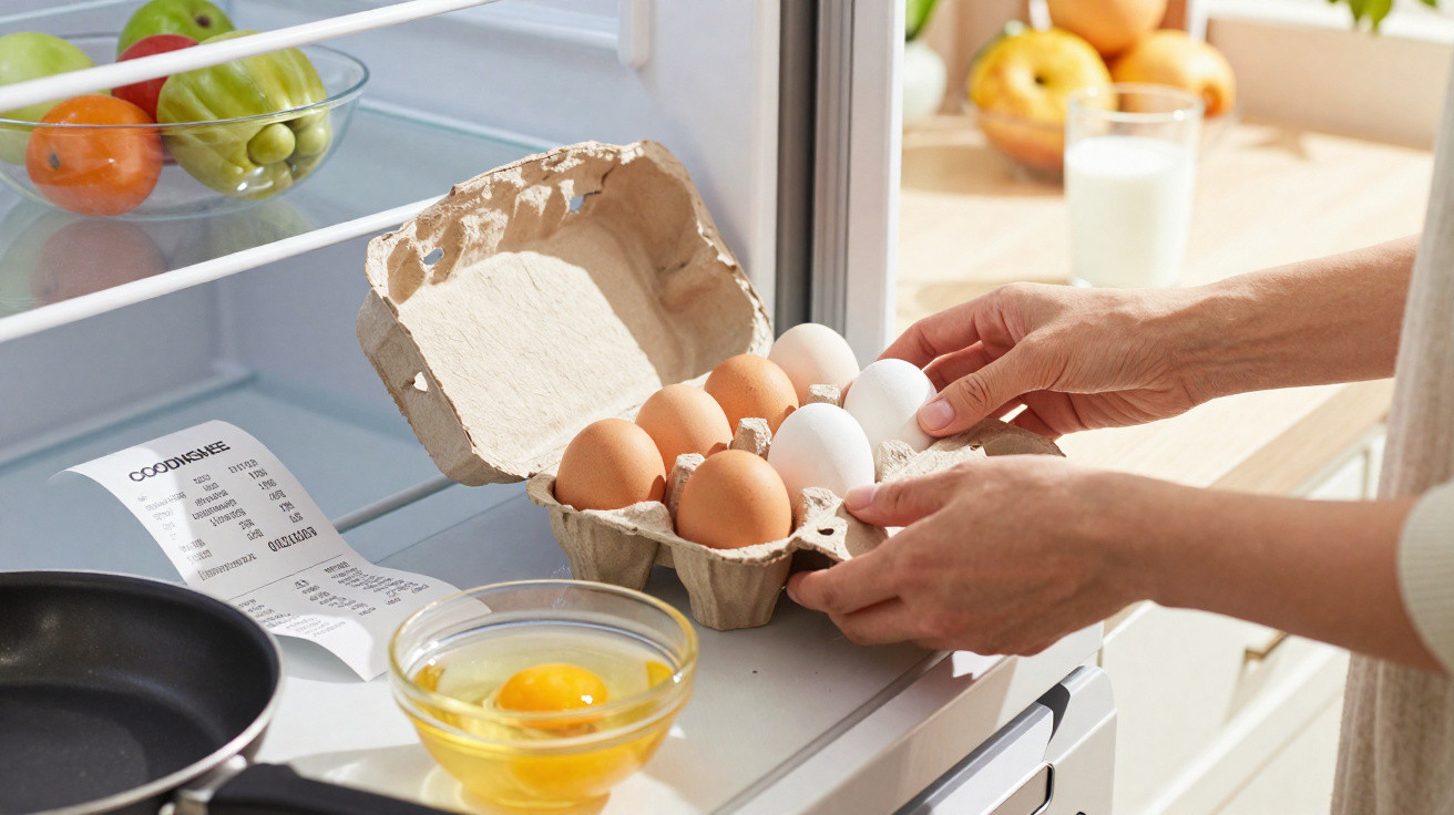 Person nimmt braune und weiße Eier aus Eierkarton vor offenem Kühlschrank mit Obst und Milch.