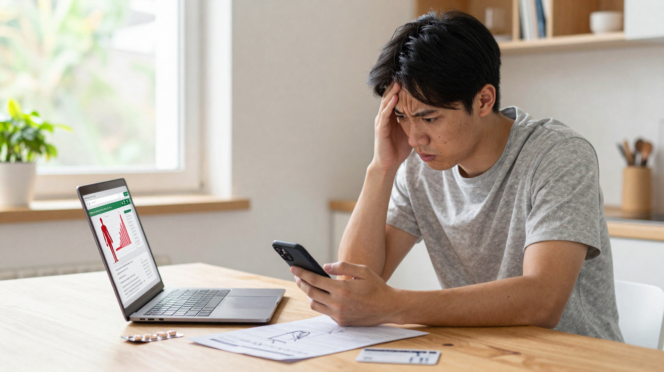 Junger Mann sitzt am Tisch, schaut besorgt auf sein Handy, neben Laptop und Medikamenten.