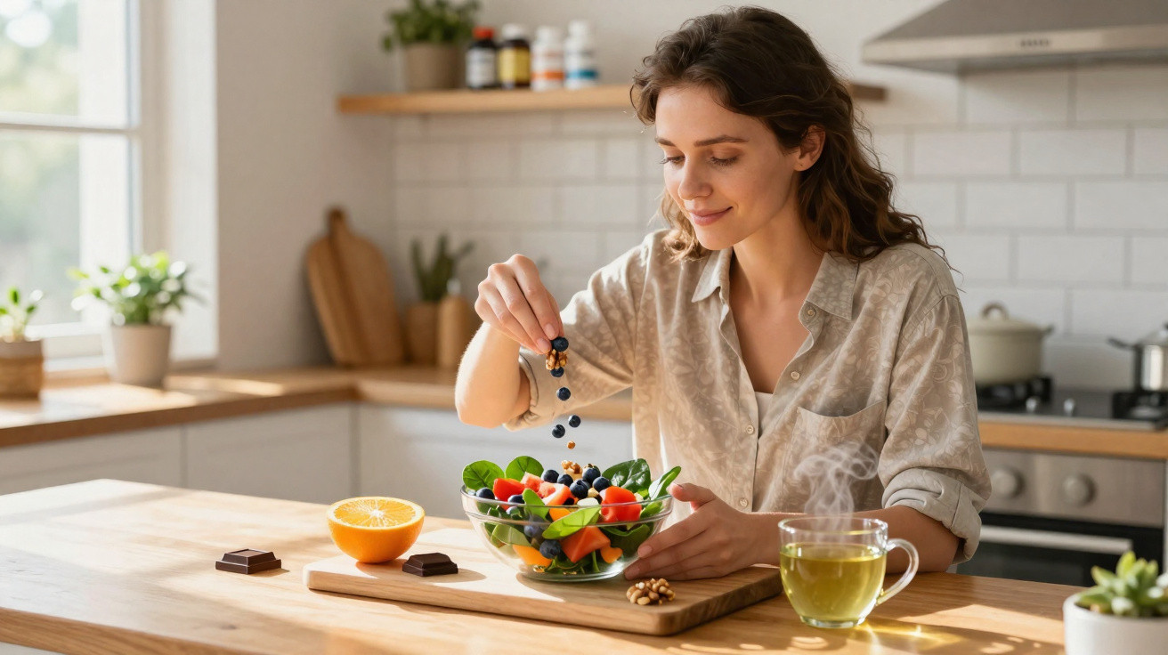 Frau bereitet frischen Salat mit Beeren in heller Küche zu, daneben Tee und Schokolade.