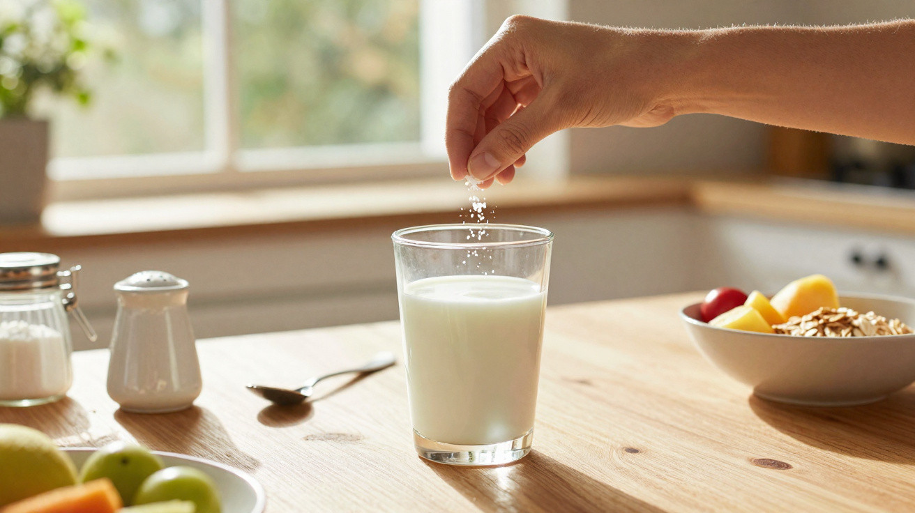 Hand streut Salz in ein Glas Milch auf einem Holztisch mit Müsli und Obstschalen.