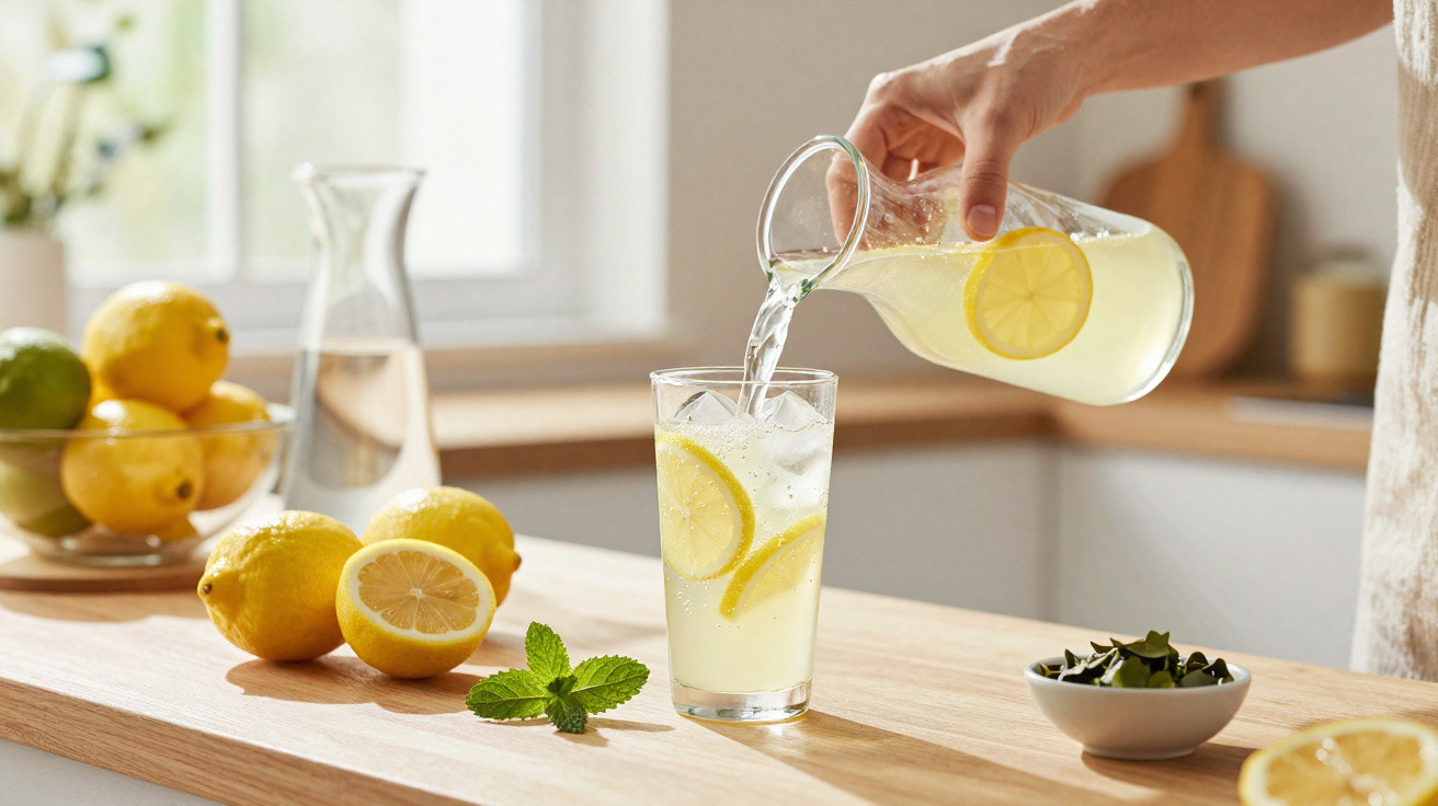Hand gießt Zitronenlimonade mit Eis und Zitronenscheiben in ein Glas auf Küchentheke.