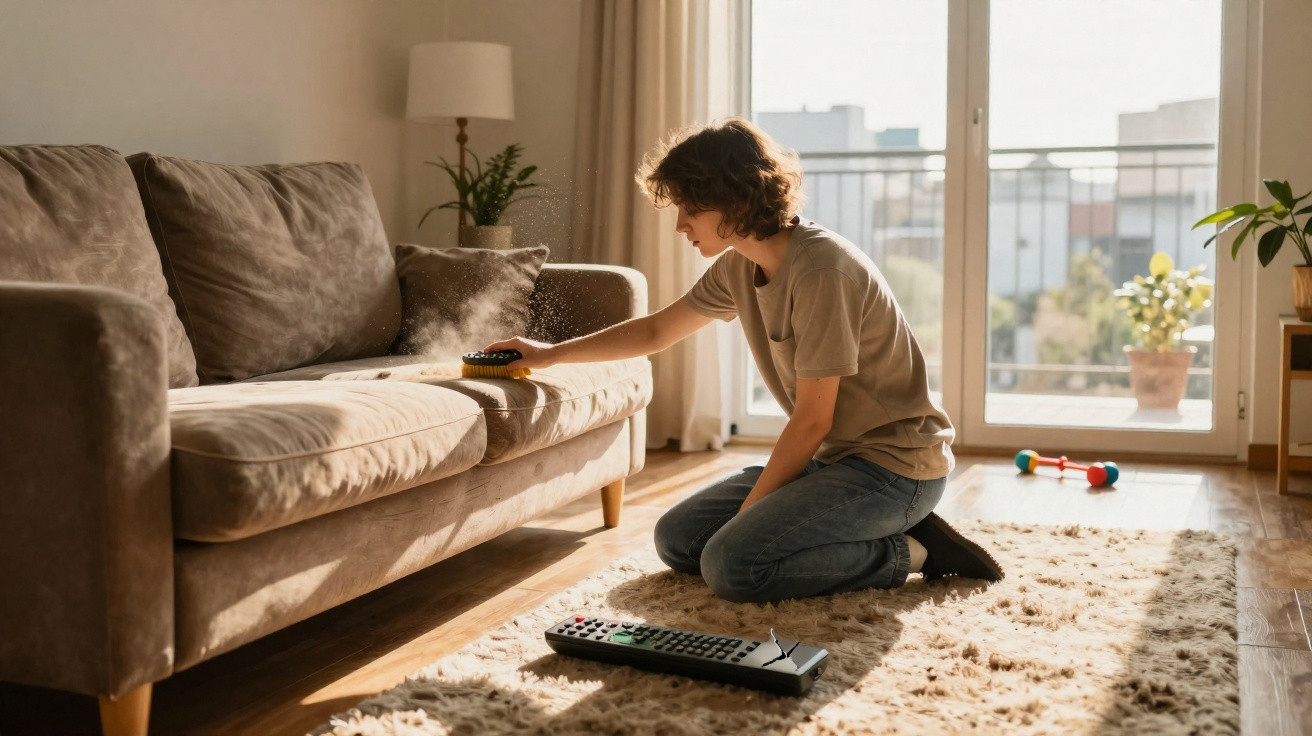 Junge kniet auf Teppich und reinigt Sofa mit Bürste im hellen Wohnzimmer mit Balkon.