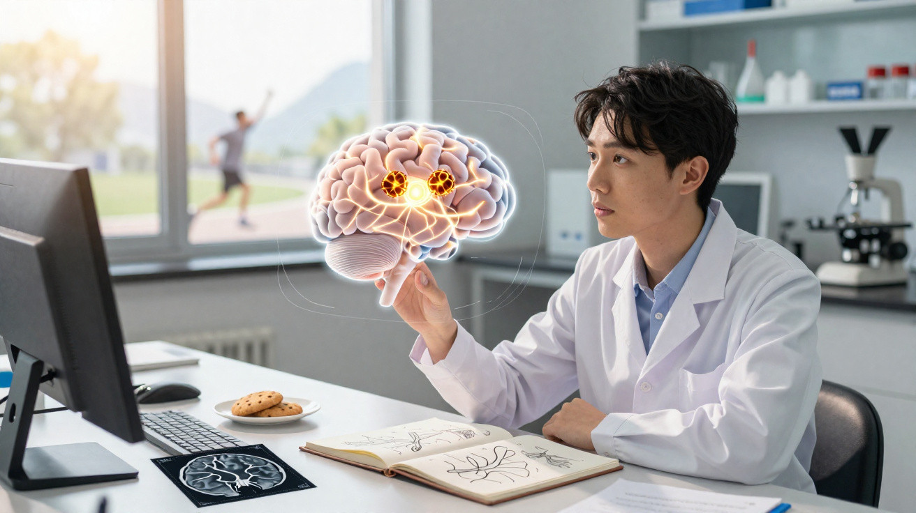 Wissenschaftler im Labor untersucht holografisches Gehirn mit hervorgehobenen Bereichen, Fokus auf Neurowissenschaft.
