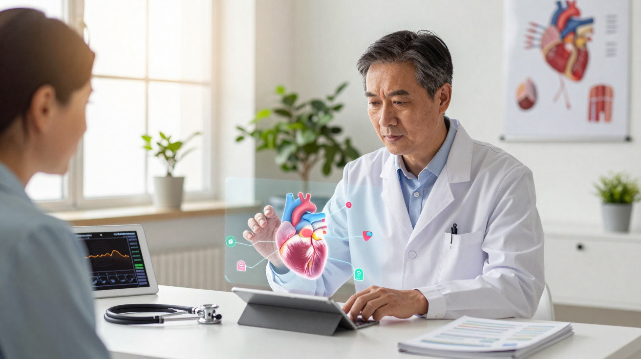 Arzt erklärt Patientin mit digitaler Herzprojektion im medizinischen Büro bei Tageslicht.