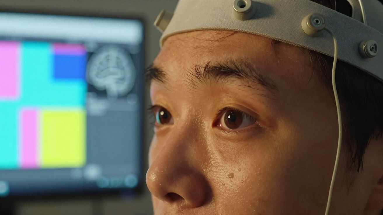 Nahaufnahme eines Mannes mit EEG-Haube, im Hintergrund ist ein Monitor mit Gehirngrafik zu sehen.