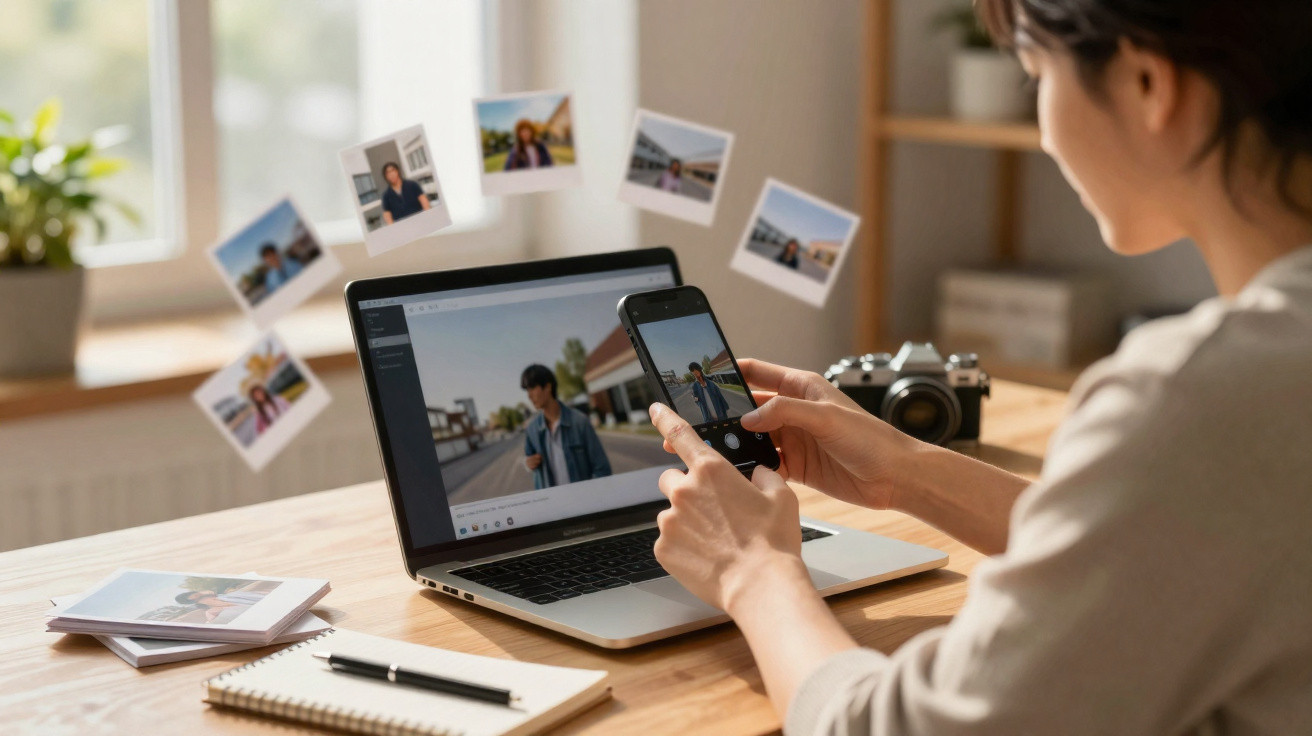 Person bearbeitet Fotos digital am Laptop und Smartphone an einem hellen Holztisch im Büro.