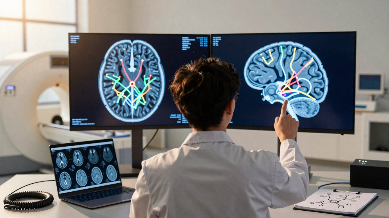 Mediziner analysiert Gehirnscans mit Nervenbahn-Darstellungen auf zwei Monitoren im Untersuchungsraum.