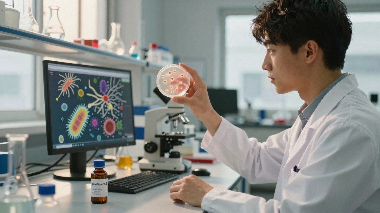 Wissenschaftler im Labor untersucht Bakterien in einer Petrischale vor einem Bildschirm mit Mikrobiologie-Darstellung.