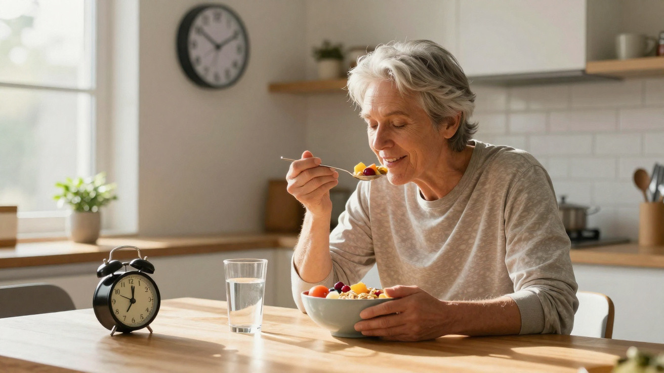 Ältere Frau isst morgens Obst und Müsli am Küchentisch mit Wasser und Wecker.