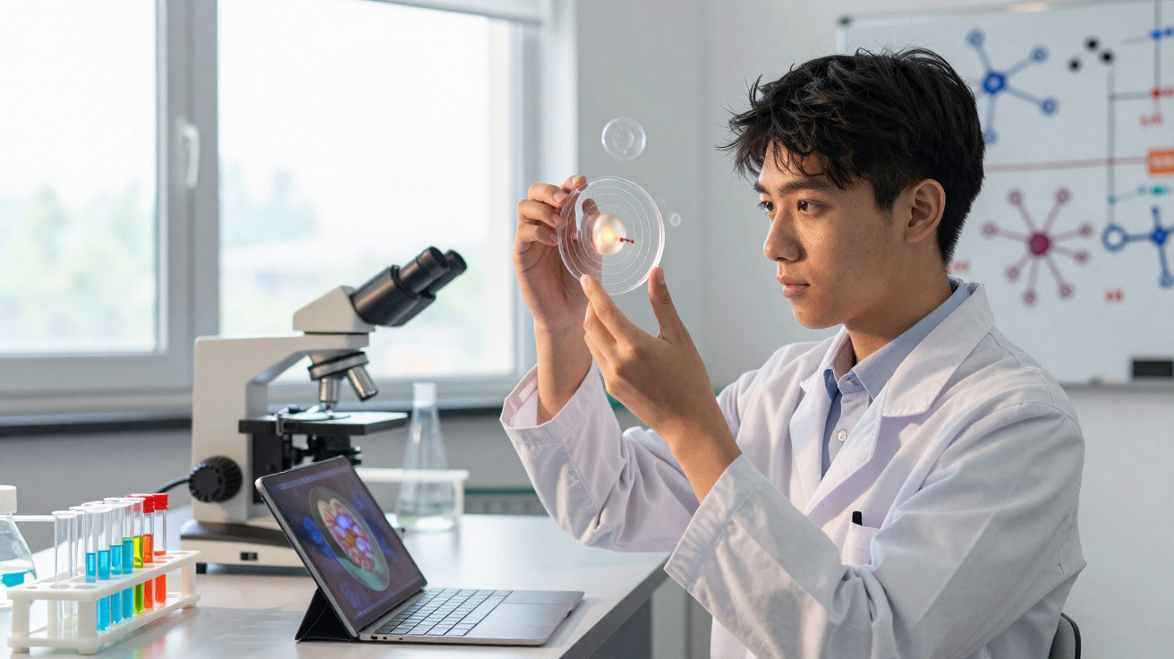 Junger Wissenschaftler im weißen Kittel untersucht eine durchsichtige Scheibe im Labor neben Mikroskop und Laptop.