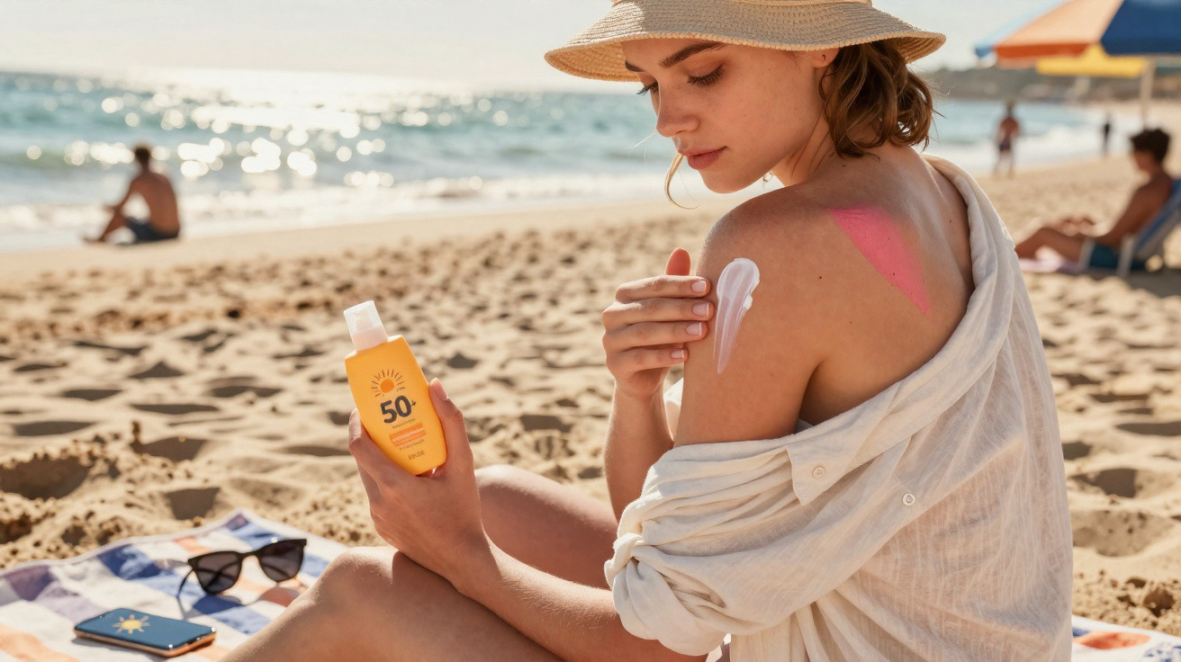 Frau am Strand mit Sonnenhut trägt Sonnencreme auf Schulter auf, rote Sonnenbrandstelle sichtbar.