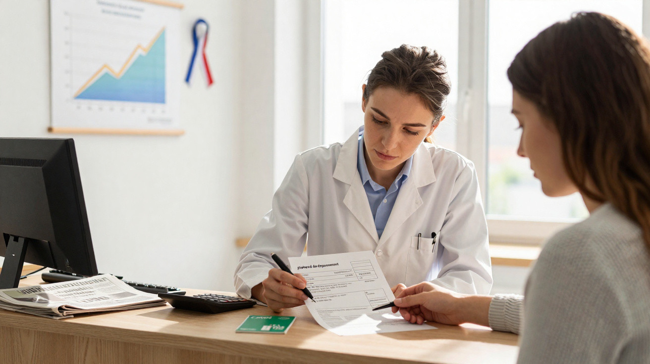 Ärztin erklärt Patientin ein Dokument in heller Praxis mit Computer und Diagramm im Hintergrund.