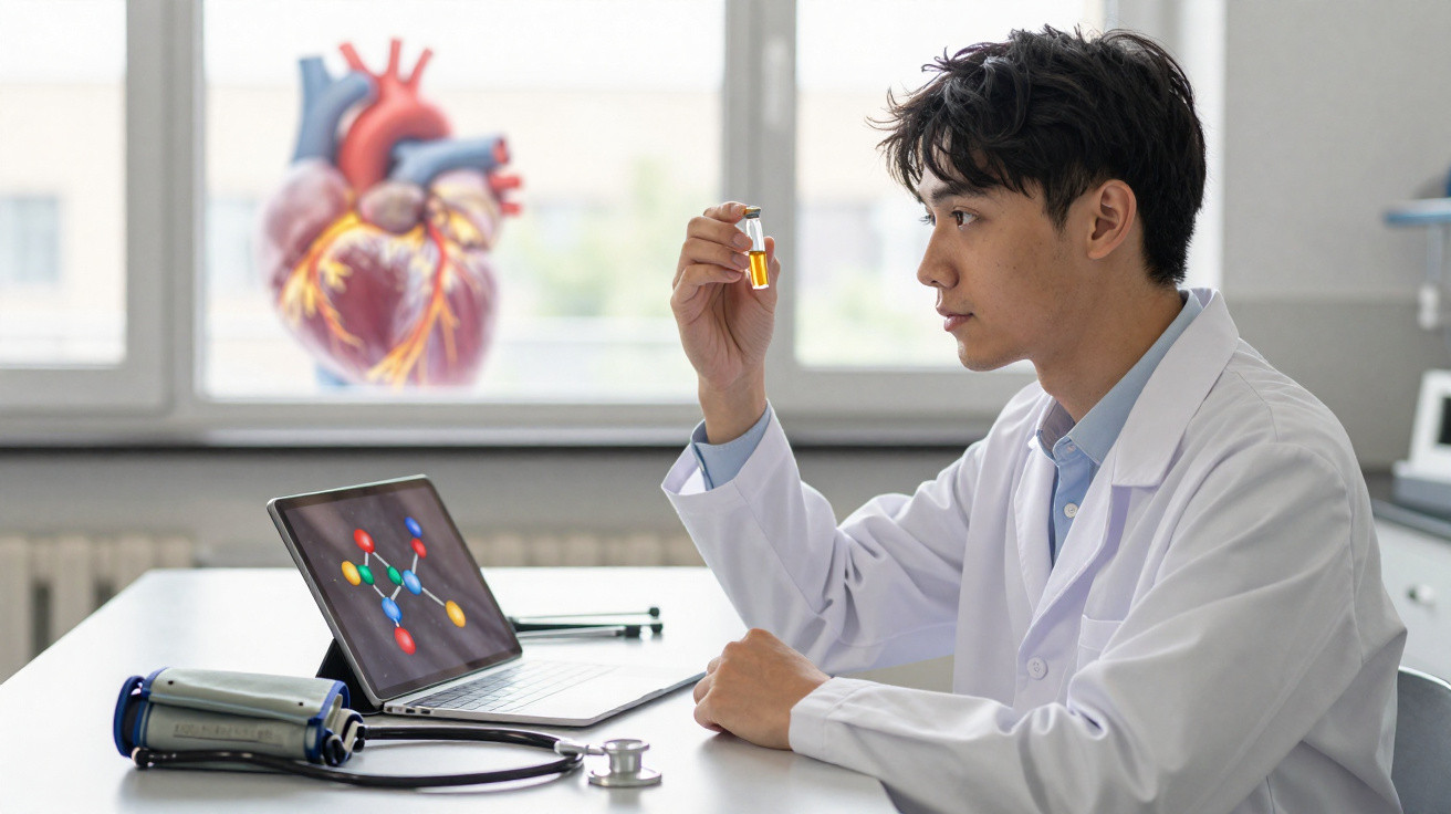 Junger Wissenschaftler im Labor untersucht gelbe Flüssigkeit in kleiner Flasche vor Laptop mit Molekülmodell.