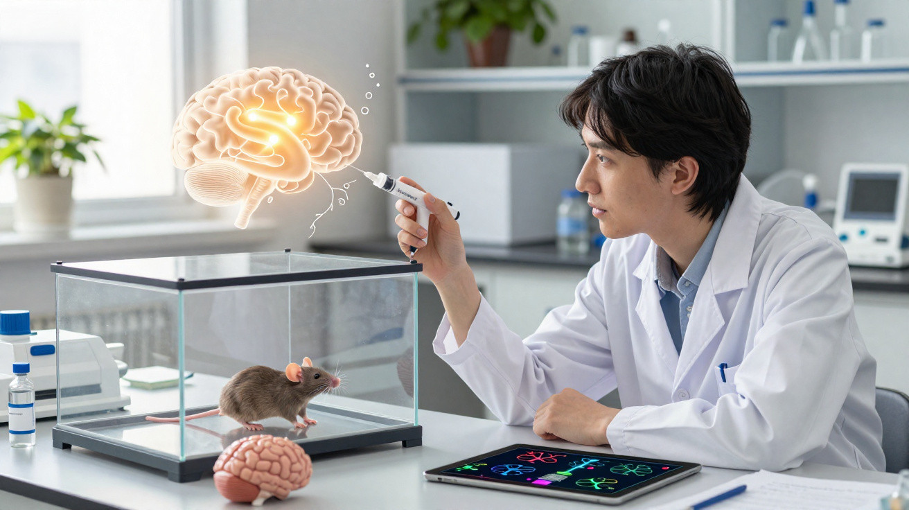Wissenschaftler in Labor untersucht Ratte mit virtuellem Gehirn und Tablet mit wissenschaftlichen Daten