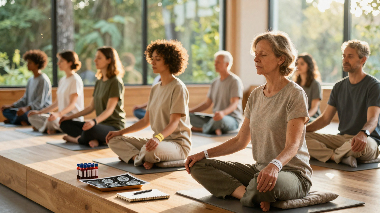 Gruppe unterschiedlicher Menschen meditiert in hellem Raum mit großen Fenstern auf Yogamatten in einfacher Kleidung.