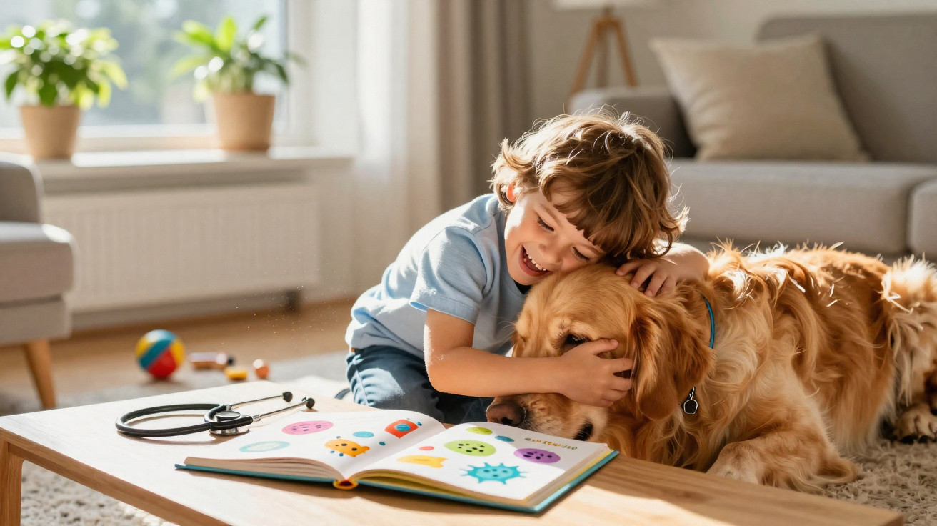 Junge umarmt lächelnd einen Golden Retriever, während ein Bilderbuch auf dem Tisch liegt.