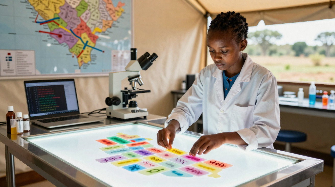 Junge Wissenschaftlerin analysiert bunte DNA-Modelle an einem beleuchteten Tisch im Labor.