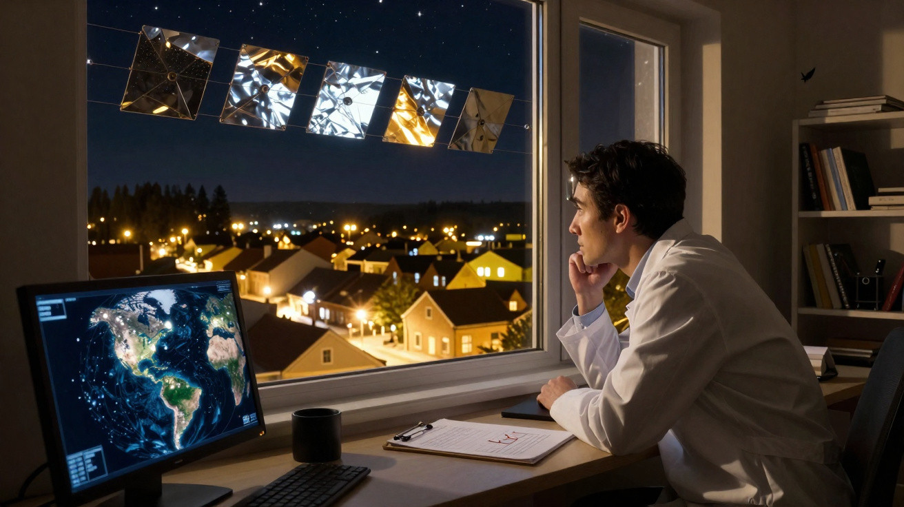 Mann in weißem Kittel beobachtet nachts von Büro aus Satelliten und Erdkarte auf Monitor vor Fenstern mit Stadtblick.