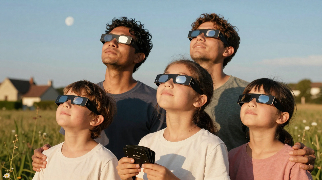 Fünf Menschen mit Schutzbrillen schauen gemeinsam in den Himmel bei Sonnenuntergang auf dem Feld.